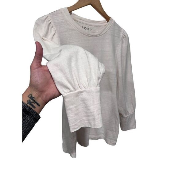 Loft Cream Burnout Knit Balloon 3/4 Sleeve Blouse Top Size Medium Minimalist - Picture 5 of 10
